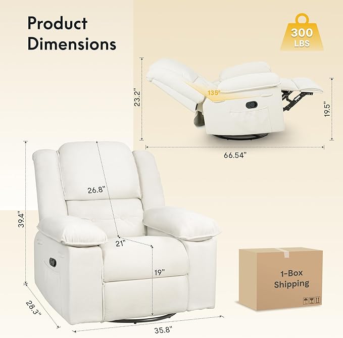Softa Swivel Rocker Recliner for Adults Manual Reclining Chair with Massage &amp Heat Side Pocket Compact Nursery Glider Recliner for Living Room Bedroom or Apartment Beige