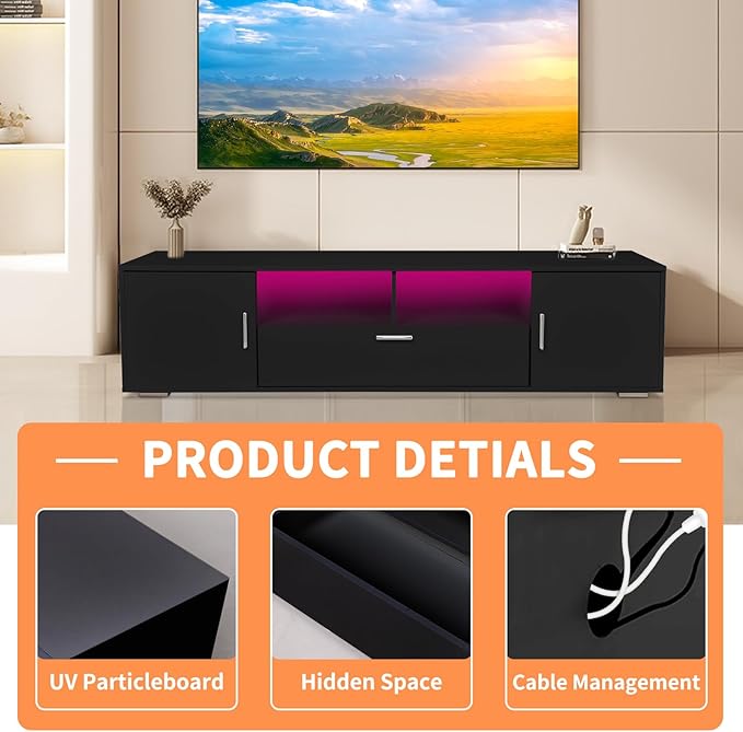 63 Inch Black TV Stand with 16-Color LED Lights Classic Modern Entertainment Center with Horizontal Drawer &amp Side Cabinets for TVs up to 75 Inches Wood Media Console