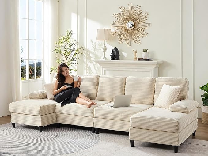 Mjkone 112 Width 4 Seater U Shaped Sofa Couch with Double Chaises Corduroy Sectional Living Room Sofa Couches with Sleepable Armrest Sleeper Sofas Couches Set for Living Room Sets Furniture Beige