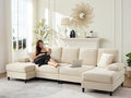 Mjkone 112 Width 4 Seater U Shaped Sofa Couch with Double Chaises Corduroy Sectional Living Room Sofa Couches with Sleepable Armrest Sleeper Sofas Couches Set for Living Room Sets Furniture Beige