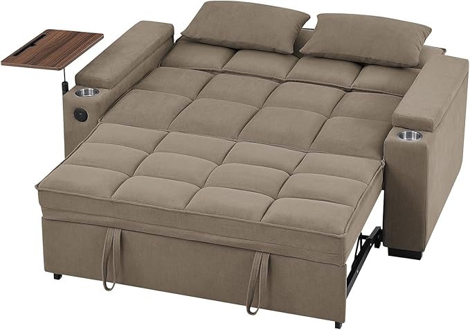 Eafurn Convertible Sleeper Sofa Bed with 360° Swivel Table &amp USB Ports Tufted Chenille Loveseat Pull-Out Couch with Storage Armrest &amp Cup Holders 6-Level Adjustable Backrest