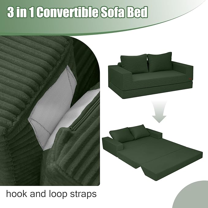 COMAX Convertible Sofa Bed Queen Corduroy Folding Floor Couch Pull Out Couch Bed Futon Sleeper with Pillows Fold Out Boneless Sofa Comfy Lounge Mattress Loveseat for Living Room Bedroom Green