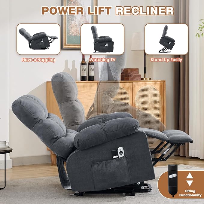 Power Lift Recliner Chair for Elderly with Heat and Massage Electric Recliners Single Sofa with Side Pocket and USB Charge Port for Living Room and Bedroom Comfort