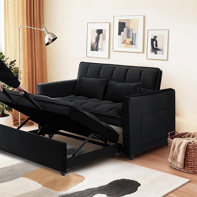 53'' Convertible Sleeper Sofa Bed Modern Velvet Fabric Adjustable Backrest Side Pocket and 2 Pillows 3-in-1 Pull Out Loveseat Couch for Living Room Bedroom Small Spaces Black