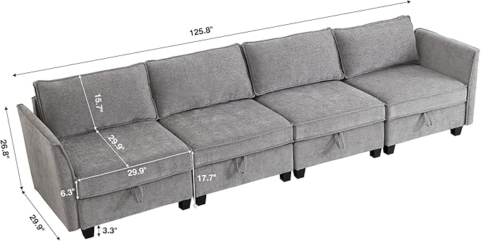 Modular Sectional Sofa Convertible Couch with Storage 4 Seater Sofa Modular with Reversible Chaise for Living Room Office (Grey)