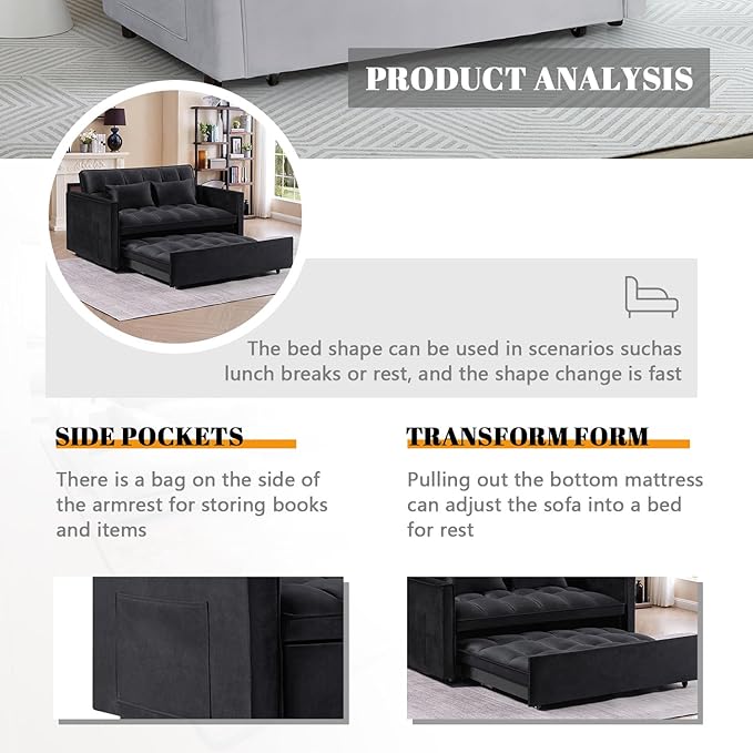 54 Convertible Sofa Bed Velvet Sleeper Sofa with Pull-Out Bed 3-in-1 Futon Couch with Reclining Backrest and Side Pocket Modern Loveseat for Living Room (Black)