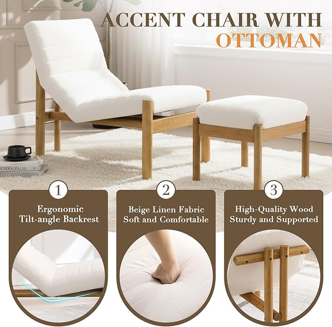 CIMOTA Upholstered Linen Accent Chair and Ottoman Set Modern Living Room Chair with Reclining Backrest and Footstool Small Reading Chairs for Living Room Bedroom Beige