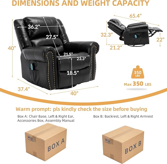 Manual Massage Recliner with Heating Function 360° Swivel Glider Rocking Recliner Chair for Living Room Ergonomic Single Sofa Chair with Remote Control/USB Ports/Side Pockets(Black)