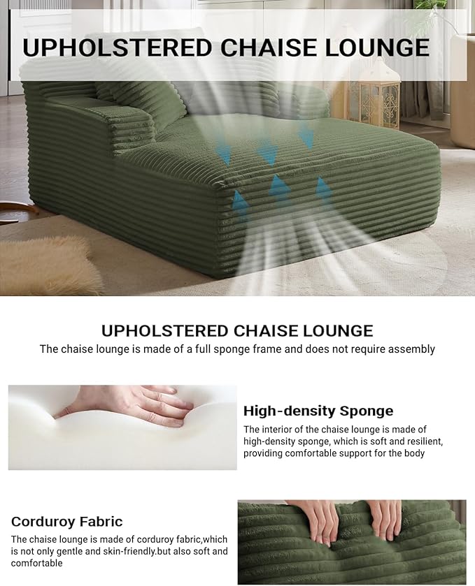 67 Inch Chaise Lounge Chair Indoor Oversized Corduroy Upholstered Boneless Sofa Bed Deep Seat Sleeper Couch Reading Chairs Cloud Sofas Couches for Living Room No Assembly Required (Olive Green)