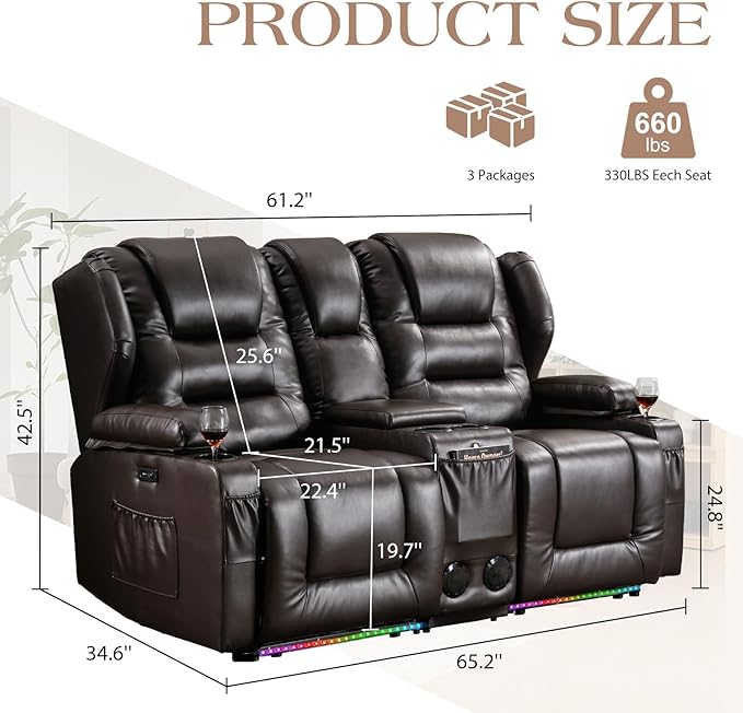 Loveseat Power Recliner Sofa Couch Electric Reclining Sofa Chair for Living Room with Multi-Function Console/Cup Holders/LED Ambient Light