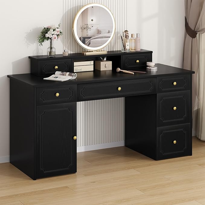 Catrimown Black Desk with 7 Drawers 54 Inch Computer Desk with Cabinet for Work Writing Study Vanity Desk with Golden Handle for Girls Bedroom