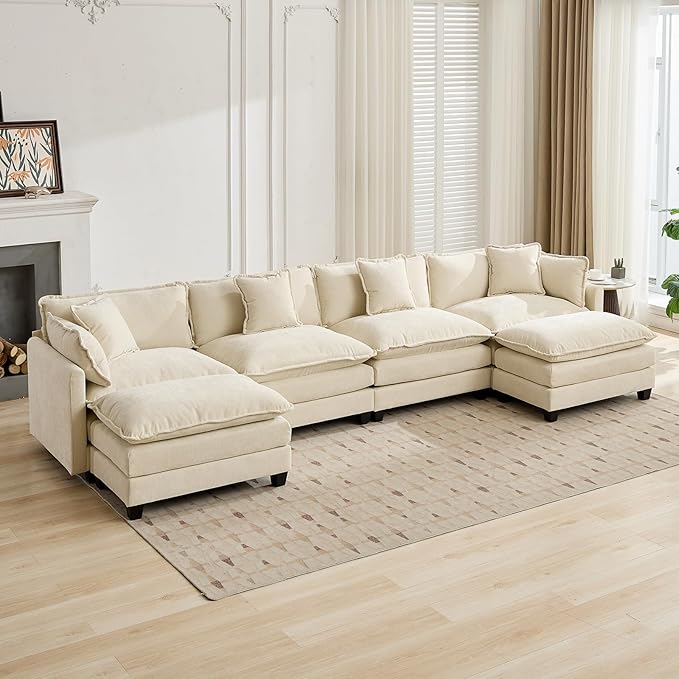 Beige Ottoman for Modular Sectional Sofa Chenille Fabric Cloud Couch Ottoman Oversized Sectional Seating for Living Room Bedroom Apartment Sofas para Sala