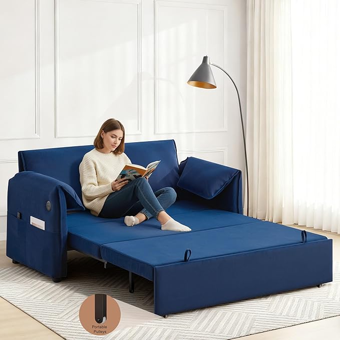 63 Velvet 3 in 1 Convertible Sleeper Sofa Bed Pull Out Couch Bed Loveseat with Adjustable Backrest Chaise Lounge USB Port &amp Side Pocket Modern Sofa for Living Room Small Spaces Blue
