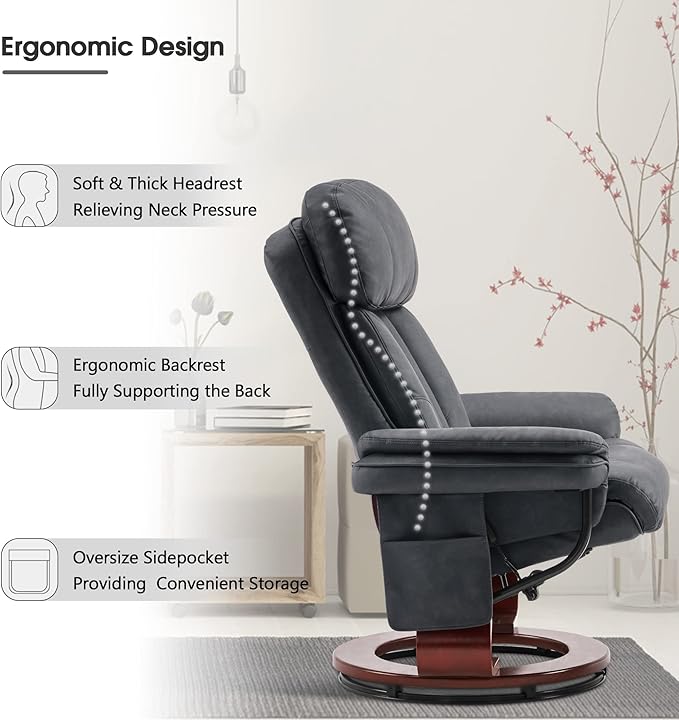 MCombo Swivel Recliner with Ottoman Chenille Fabric TV Chair with Vibration Massage Ideal for RV Small Space Living Room &amp Bedroom 4999 (Faux Leather Dark Grey)