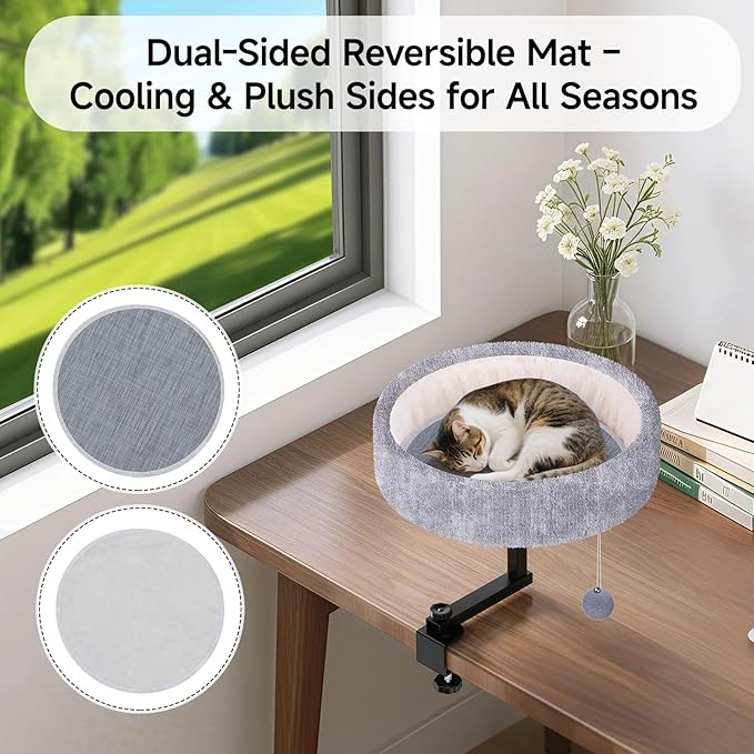 Cat Desk Bed - 360° Rotating &amp Adjustable Supports 44 lbs Soft Faux Fur with Dual-Sided Reversible Mat Modern Indoor Cat Nest Furniture for Office Desks and Game Tables Island Table