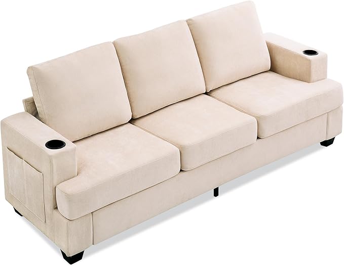 Garvee Chenill Sofa for Living Room 89-Inch Comfy Couches with Deep Seat Modern 3-Seater Sofa Couch with Cup Holders and Side Storage Pockets for Apartment Lounge Beige