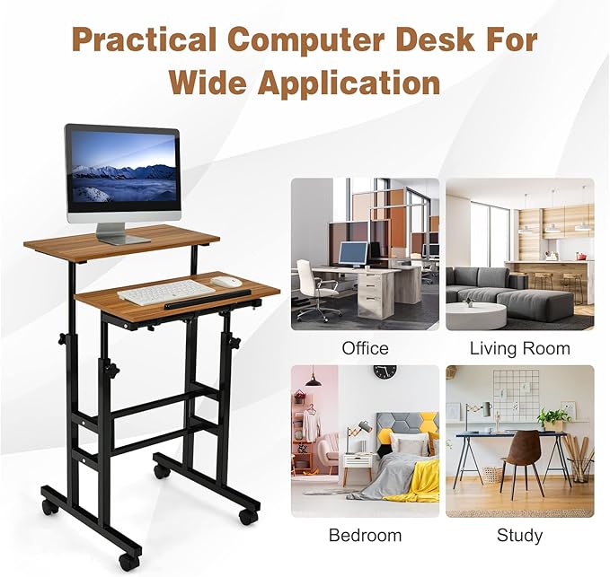 COSTWAY Mobile Standing Desk Height Adjustable Rolling Laptop Cart w/Tilting Desktop for Standing or Sitting Lockable Casters Home Office Computer Workstation for Small Spaces (Brown)