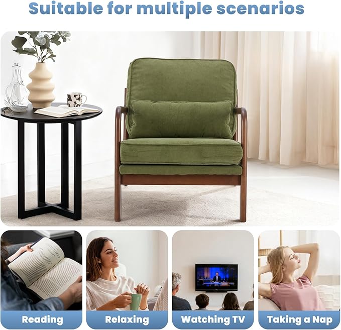 DUMOS Mid Century Modern Chair Set of 2 Accent Chair with Arms and Waist Cushion Reading Chairs for Adults Lounge Chair for Living Room and Bedroom Solid Wooden Frame Dark Green