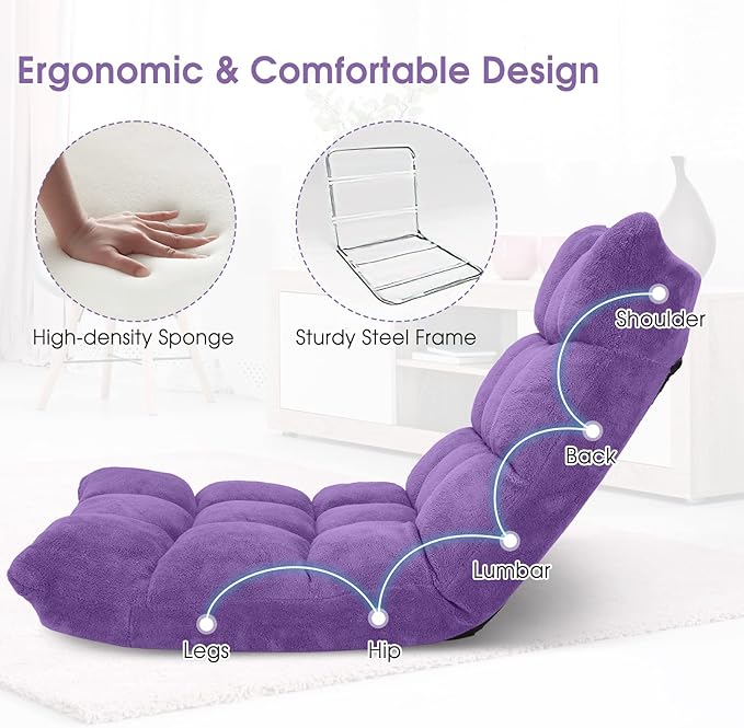 Giantex Floor Chair with Back Support 14 Adjustable Position Padded Sleeper Bed Couch Recliner Folding Gaming Floor Chairs for Adults Living Room Bedroom Yoga Meditation Purple
