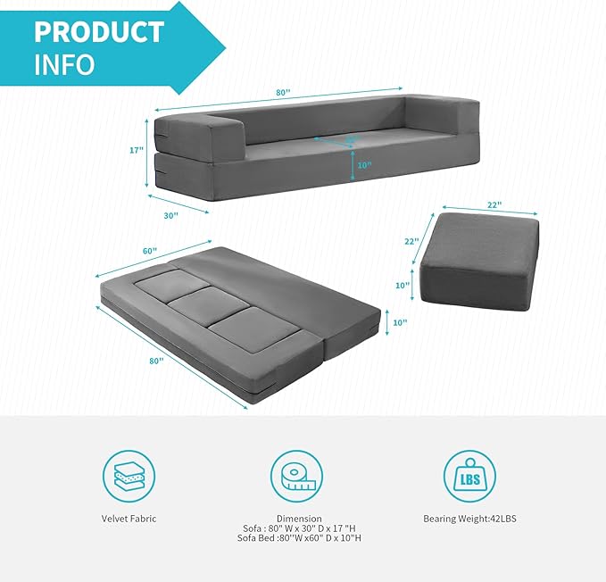 CECER 80 Convertible Floor Sofa BedFolding Sofa Bed with 3 OttomansVelvet Modular Sectional Futon SleeperFoldable Memory Foam Couch for Living Room/Guest Room/Playroom（Light Grey）