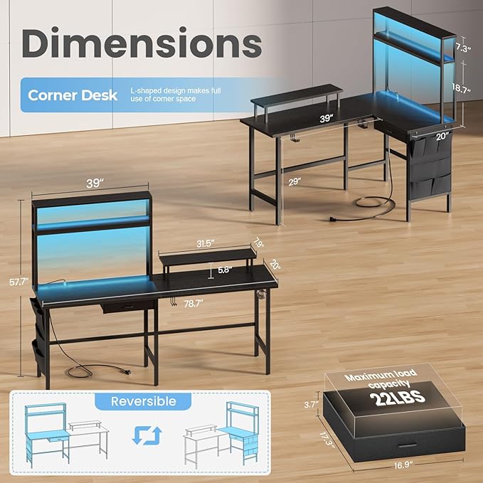 HLDIRECT L Shaped Desk with LED Light &amp Power Outlet 67 Inch Reversible Corner Gaming Desk with Storage Shelves &amp Drawer Computer Table with Monitor Stand Home Office Work Study Black