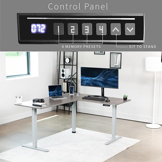 VIVO Corner Standing Desk 63 x 55 inch Reversible L-Shaped Workstation Electric Height Adjustment Home Office and Reception Rooms Dark Gray Table Top Gray Frame DESK-E3CTGG