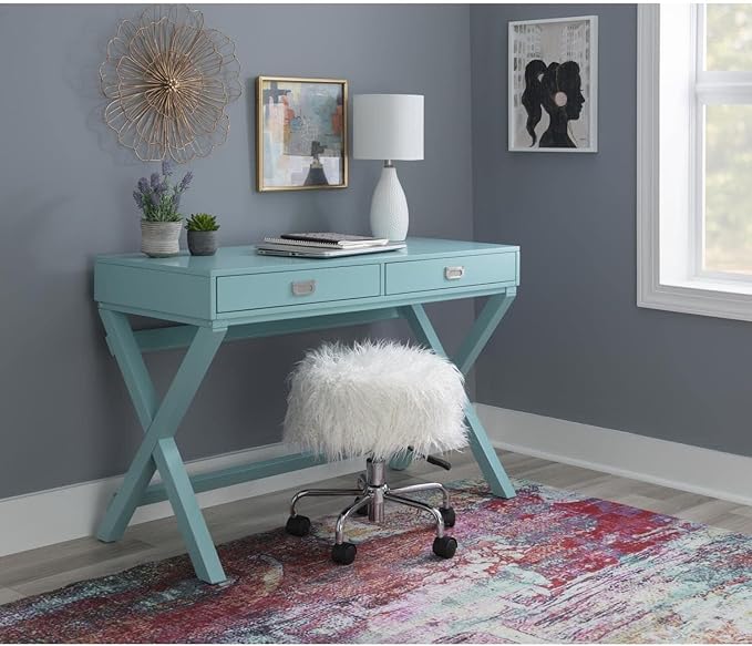 Blue Writing Desk with Drawers - Freestanding Home Office Desk - 44 Inch Compact Desk