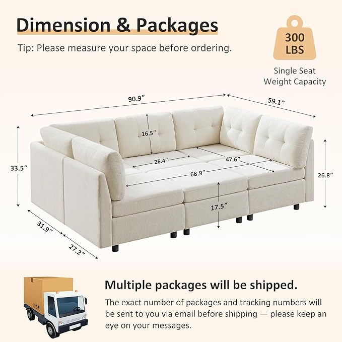 VANOMi 5 Seater Modular Sectional Sofa Convertible Modular Cloud Sofa Bed with Ottoman Comfy Chenille Sofas &amp Couches for Living Room Apartment Office White Sofa Bed