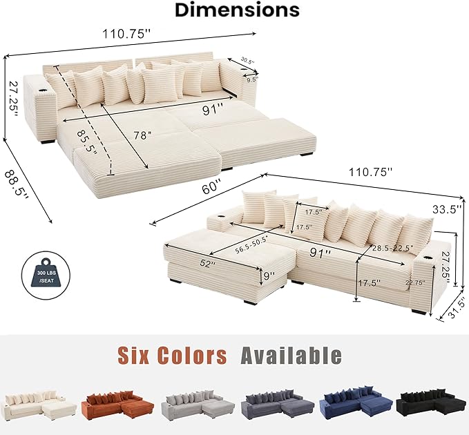 Oversized L-Shaped Modular Sectional Sofa Couch with 8 Pillows Convertible Corduroy Sleeper Sofa Bed with Cupholders &amp Storage Pockets Cloud Couch with Movable Ottoman for Living Room Beige