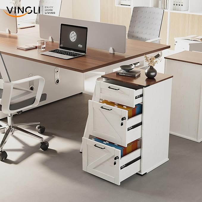 VINGLI 3 Drawer File Cabinet with Lock Home Office Filing Organizer for Letter Size File Folder Storage Modern Farmhouse Style Wood Vertical Filing Cabinet Archivador (Rustic White &amp Brown)
