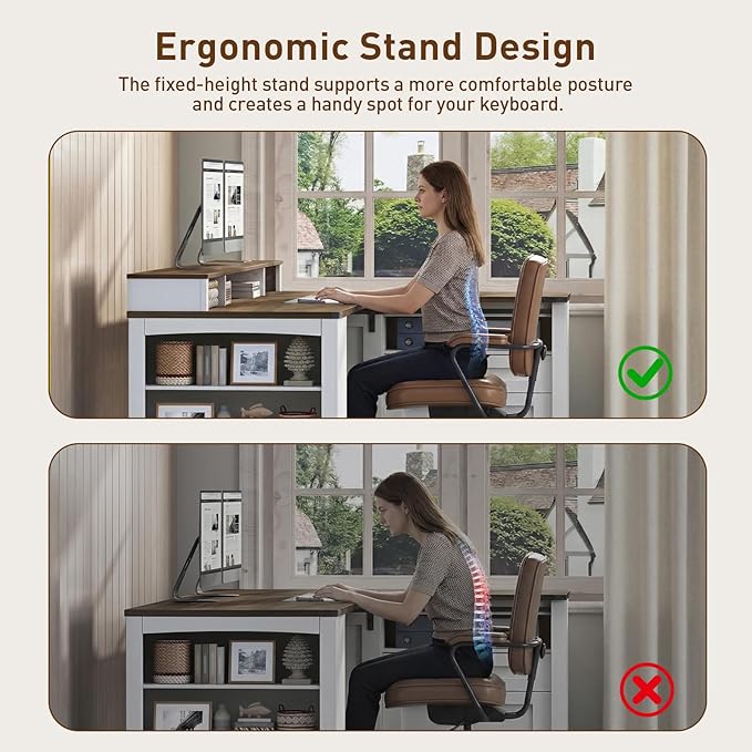 Farmhouse L Shaped Desk with Drawers 53 Inch Executive Desk with File Cabinet and Monitor Stand Wooden Corner Computer Desk with Power Strip for Home Office Work and Study White and Walnut