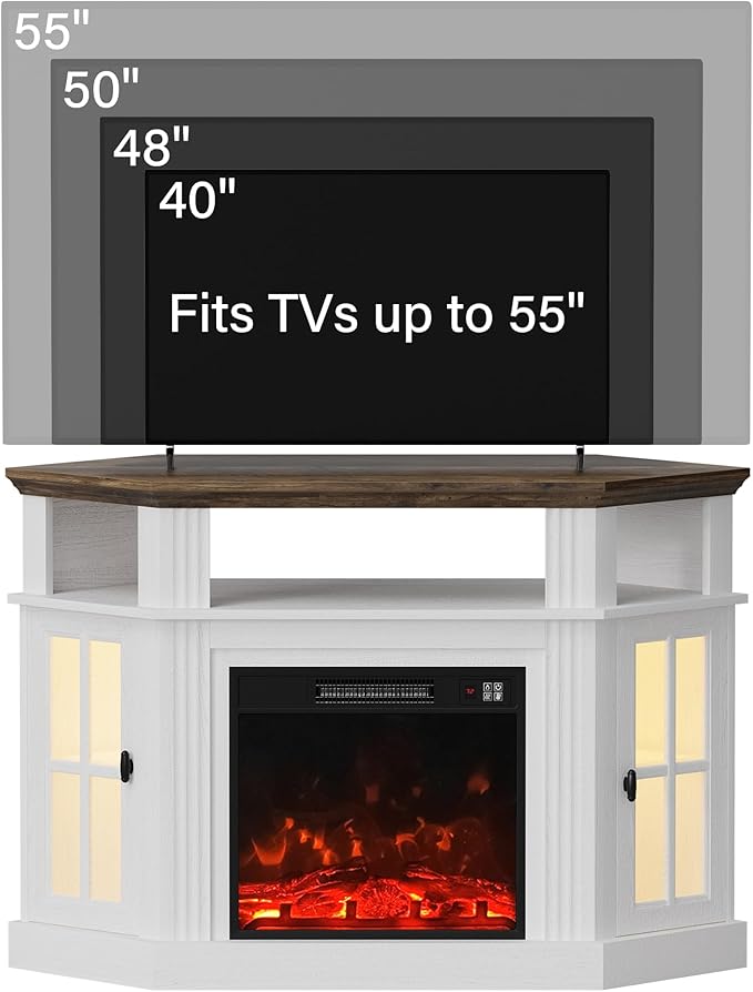 YESHOMY LED Corner Fireplace TV Stand with Mood Lighting for TVs up to 55 with Storage Cabinets Entertainment Center Media Console for Living Room Bedroom White