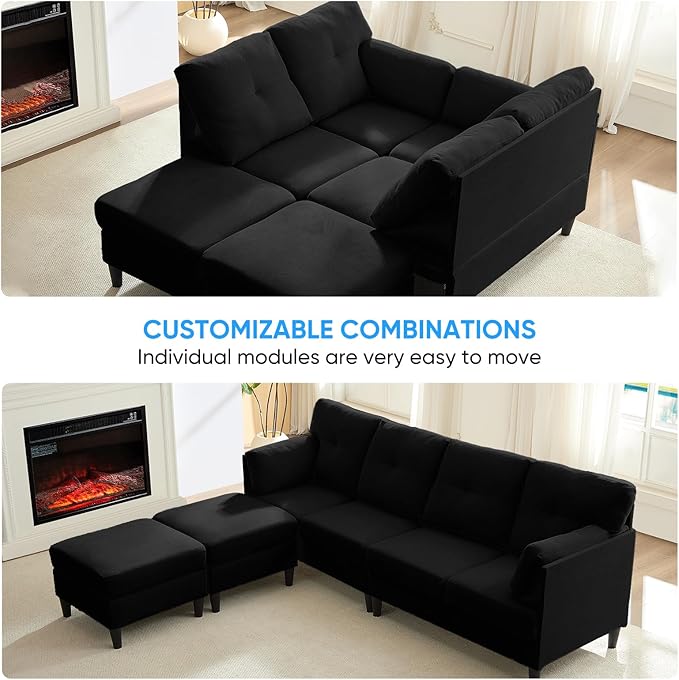 PUREMIND Sectional Couches for Living Room Modern Snow Velvet U-Shaped Sofa Couch with Double Chaise Upholstered 4 Seater Home Sofa for Living Room Apartment Office Black