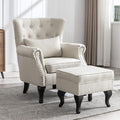 Mid Century Modern Accent Chair Upholstered Armchair Comfy Linen Fabric Tufted Wingback Single Sofa with Ottoman for Bedroom Living Room Beige