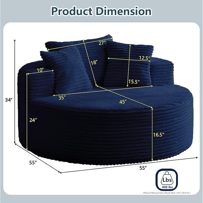 55''L Oversized Round Chaise Longue Chair Indoor Corduroy Sponge Single Sofa Oversized Round Chairs Modern Sleeper Chair for Living RoomProjection Room Wide Armrest Chairs Blue