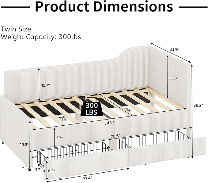 Twin Size Daybed L-Shaped Modern Corduroy Upholstered Sofa Day Bed Frame with Storage Drawers for Living Room Bedroom Guest Room No Box Spring Needed (Beige)