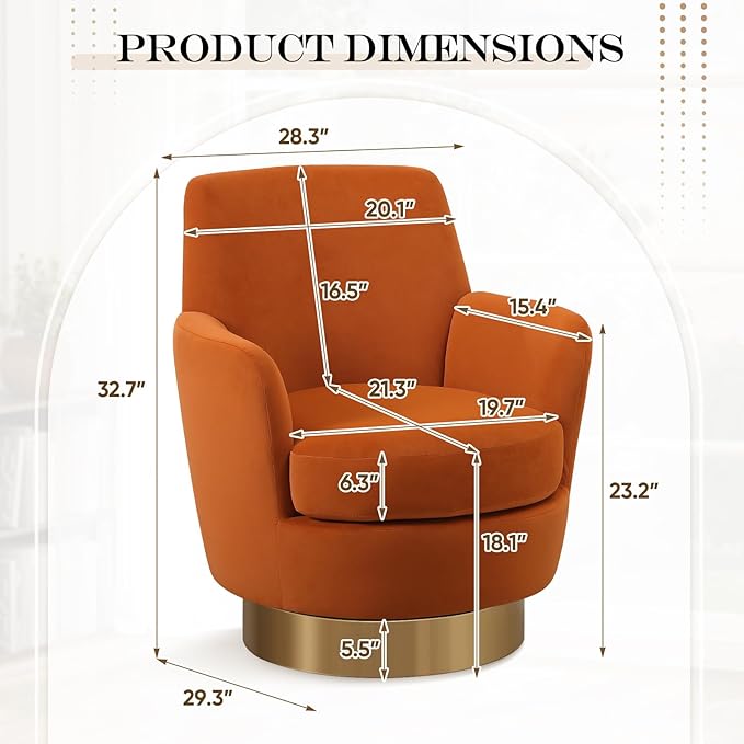 360° Swivel Barrel Chair Set of 2 28.3 Modern Velvet Round Accent Chair Comfy Upholstered Small Armchair with Gold Metal Base for Living Room Bedroom Nursery Office Sillas para Sala Orange