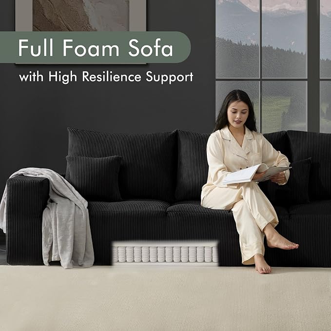 113 Modular Sectional Couch Cloud Boneless Sofa with Deep Seats Upholstered Corduroy Sleeper Sofa Bed with 3-Seater for Living Room No Assembly Required Black