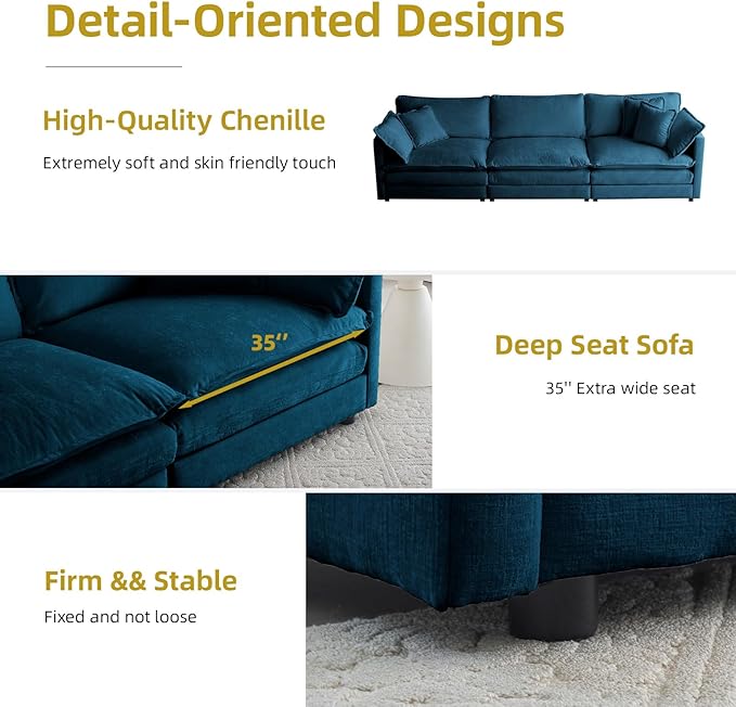 76.7 Modular Sectional Sofa U Shaped Deep Seat Cloud Couch with OttomanConvertible 2-Seater Comfy Chenille Upholstered Sofa Set for Living Room Apartment Studio – Blue