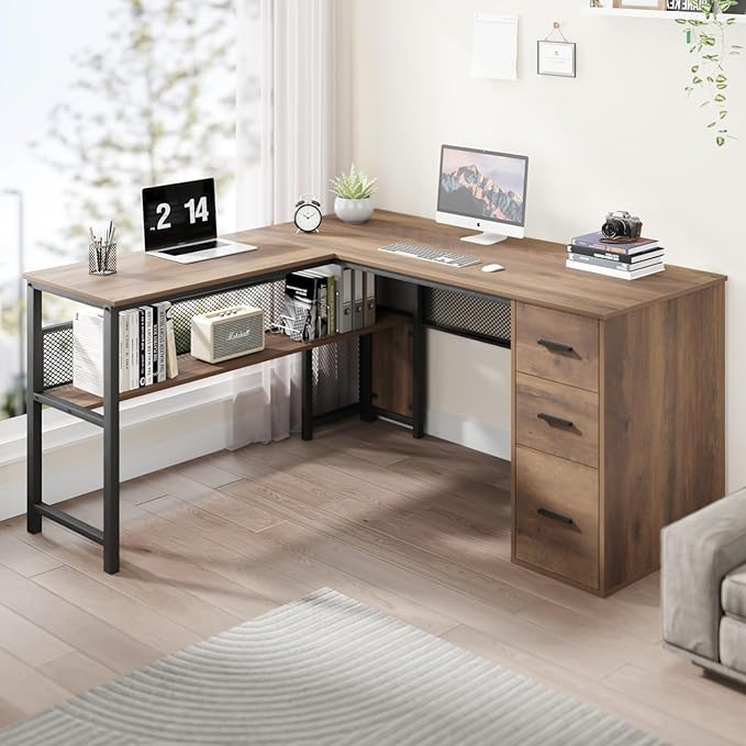 LVB Wood L Shaped Desk Large Computer Office Desk with File Cabinets Reversible Executive L Shape Gaming Desk with Drawers Metal Wooden Corner Desk Table with with Storage Shelf Rustic Oak 59 Inch