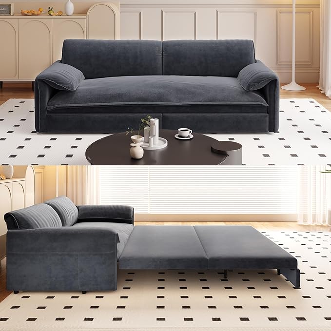 Newfun 66 Futon Sofa Bed 3 in 1 Convertible Sleeper Sofa with Side Storage Velvet Loveseat Bed Pull Out Sofa Bed for Living Room Small Space Bedroom Studio (Grey)