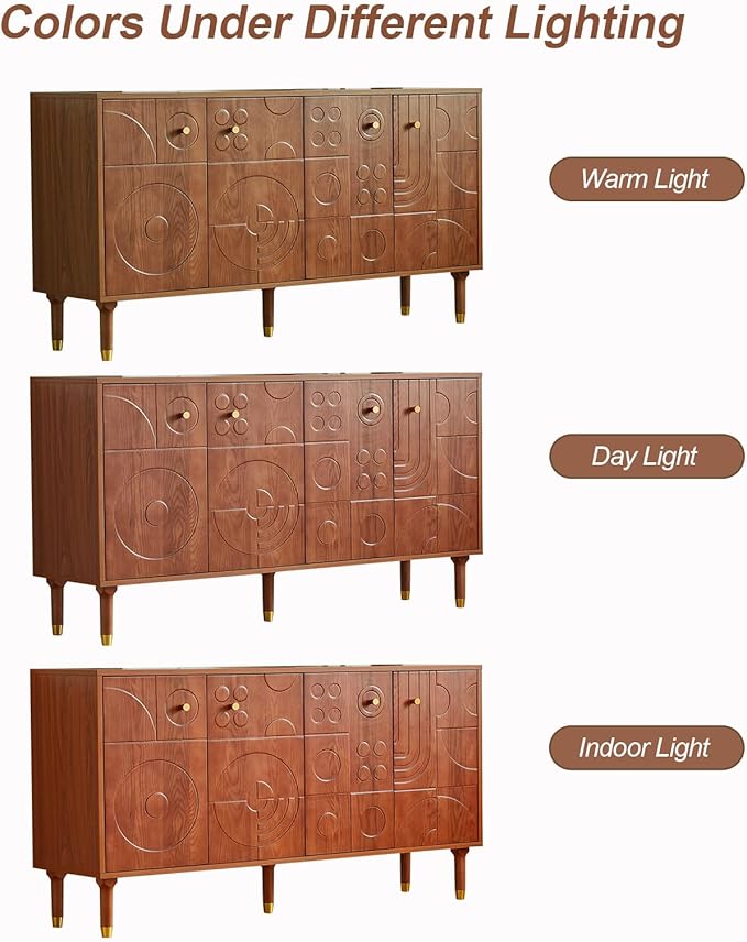 Modern TV Stand for 65 inch TV 59 Entertainment Center with Carved Geometric Doors TV Console with 4 Cabinet Storage Retro Art-Inspired Media Console for Living Room/Bedroom - Walnut