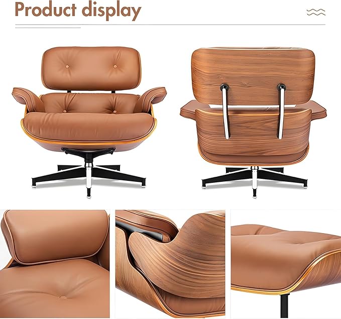 Mid Century Chaise Lounge Chair and Ottoman Reading Chair Leather Accent Chair Modern Chair Classic Design Heavy Duty Base Support for Living Room (Walnut-Brown Upgraded)