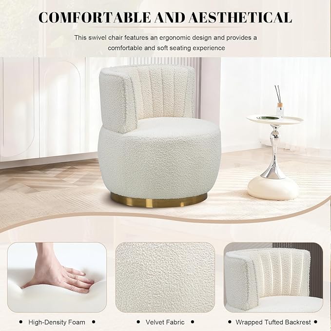 360 Degree Swivel Accent Chair Comfy Round Swivel Barrel Chair with Mental Base Upholstered Cozy Reading Armchairs Modern Lounge Sofa Chairs for Living Room Bedroom Club Office(Teddy Cream)