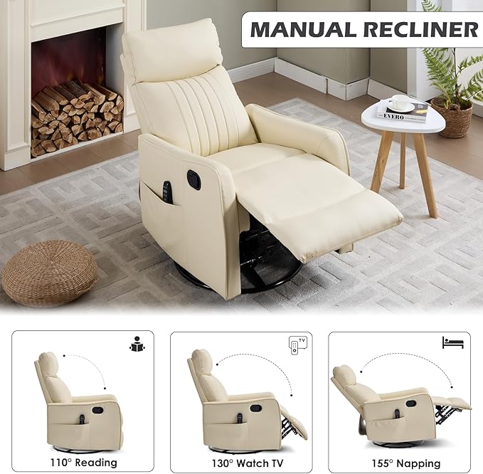Swivel Rocker Recliner Chair 360° Swivel Recliner with Heat and Massage Rocker Recliner Upholstered Fabric Nursery Glider Recliner Chair with Side Pockets for Living Room PU Light Yellow