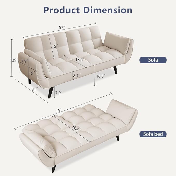Olela Futon Sofa Bed Convertible Sleeper Couch 74 W Modern Velvet Loveseat with Adjustable Backrests and Solid Wood Legs for Living Room Bedroom Small Space (Beige)