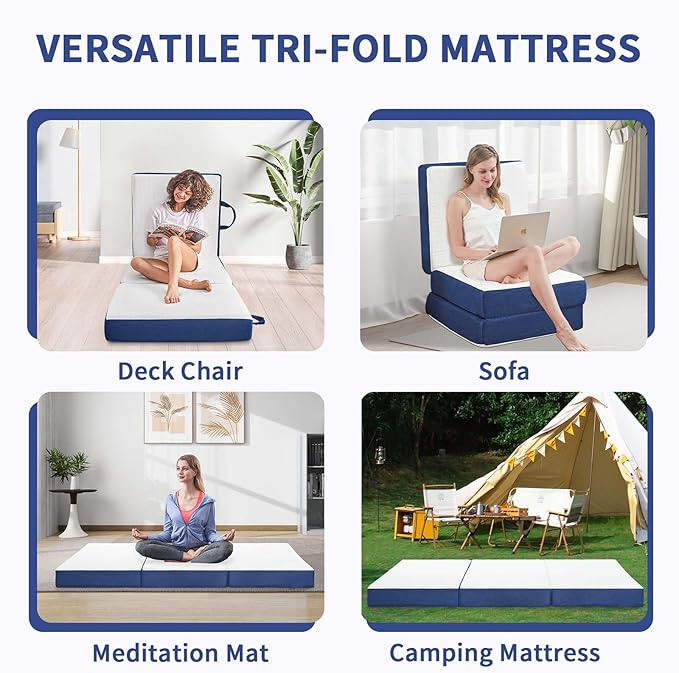 CYMULA Folding Mattress Single Size4 inch Memory Foam Tri-Fold Single Floor Mattress Topper with Breathable &amp Washable CoverLightweight Foldable Mat for CampingNaps and Guests(25×75×4)