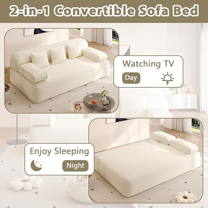 79'' Convertible Sofa Bed Queen with Super Wide Arms Boneless Foldable Couch Bed with 3 Pillows for Adults Corduroy Folding 3 Seater Sofabed with Comfortable Seat for Living Room Bedroom (Beige)
