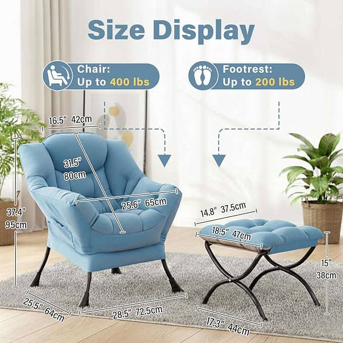Cozy Lazy Chair and Ottoman Large Contemporary Velvet Blue Accent Chair Set Modern Leisure Upholstered Reading Armchair for Office Bedroom Living Room Dorm Rooms Balcony