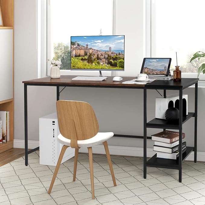 COSTWAY 55” Computer Desk PC Laptop Desk with Storage Shelves Large Computer Desk with Splice Board Adjustable Foot Pads Industrial Home Office Desk for Writing Study Game (Rustic Brown)